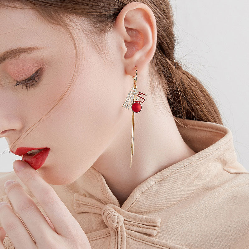 New Year Birthday Lucky Drop Zircon Tassel Dangle Earrings