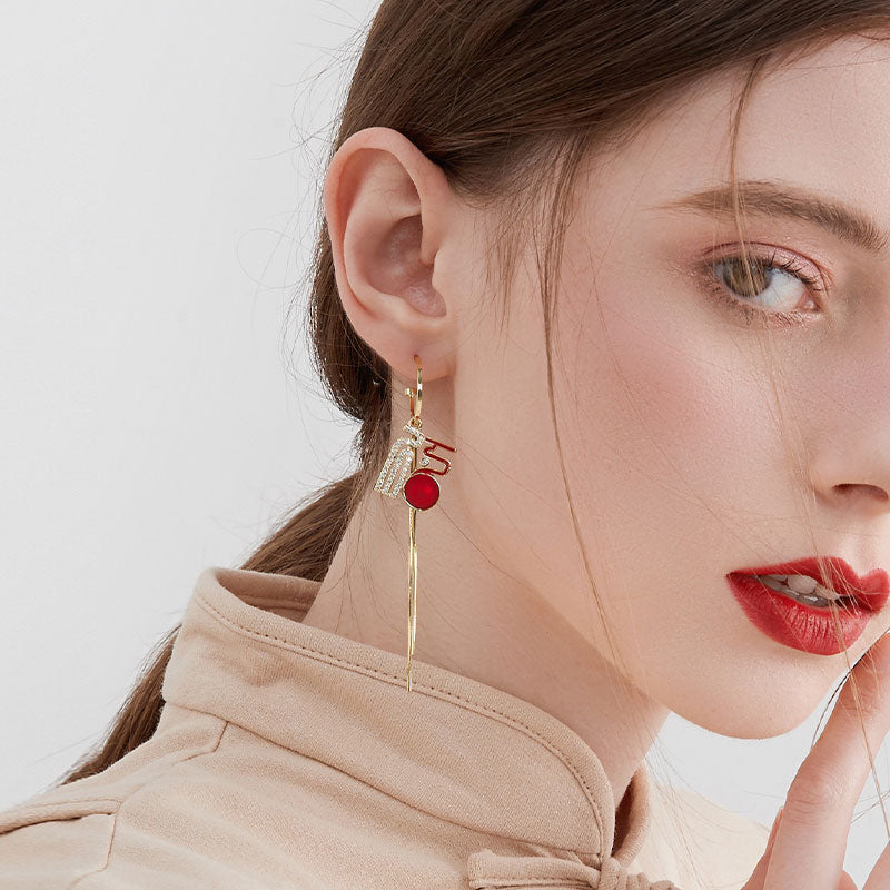 New Year Birthday Lucky Drop Zircon Tassel Dangle Earrings
