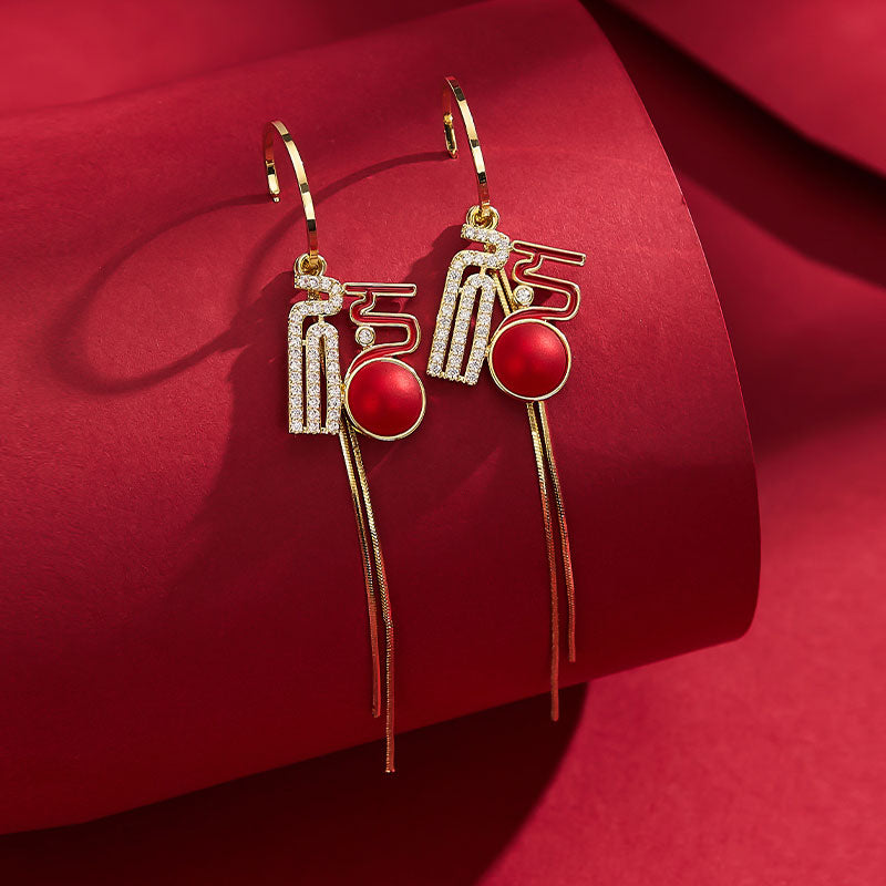 New Year Birthday Lucky Drop Zircon Tassel Dangle Earrings