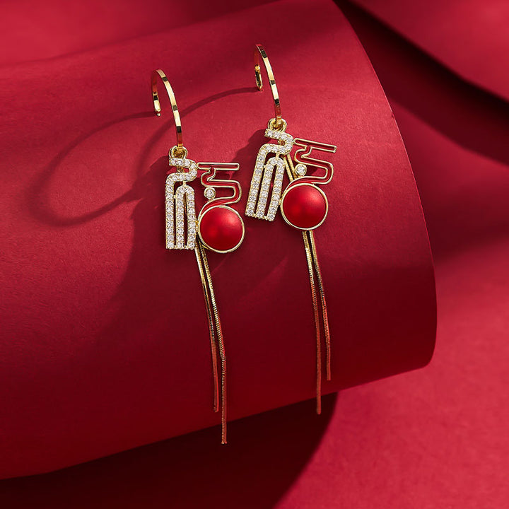 New Year Birthday Lucky Drop Zircon Tassel Dangle Earrings