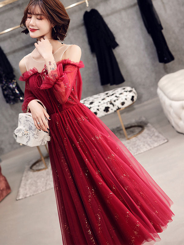 Sequins Tulle Cold Shoulder Midi Evening Dress with Bishop Sleeve