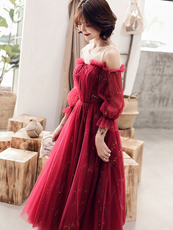 Sequins Tulle Cold Shoulder Midi Evening Dress with Bishop Sleeve