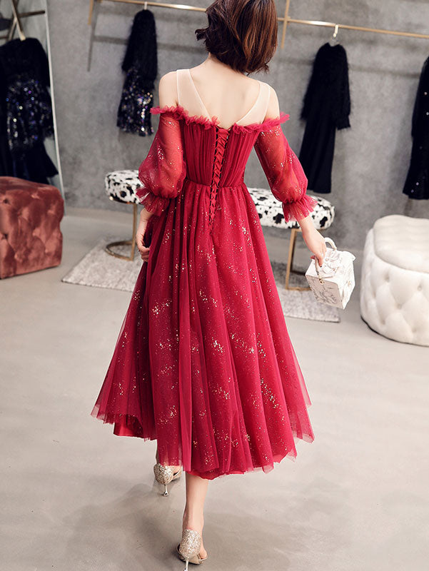 Sequins Tulle Cold Shoulder Midi Evening Dress with Bishop Sleeve