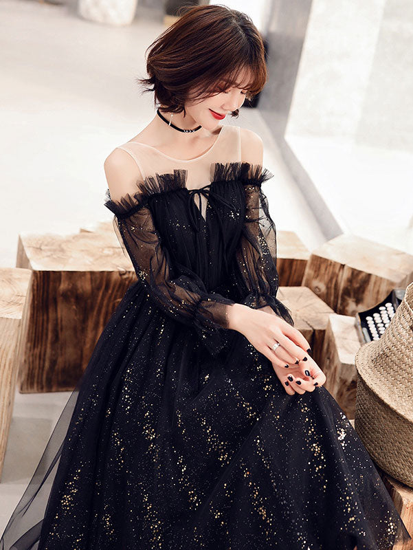 Sequins Tulle Cold Shoulder Midi Evening Dress with Bishop Sleeve