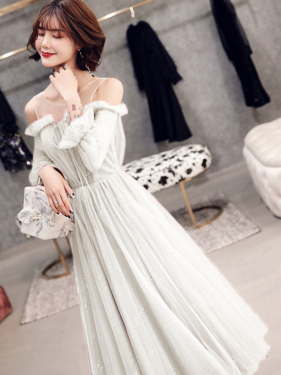 Sequins Tulle Cold Shoulder Midi Evening Dress with Bishop Sleeve