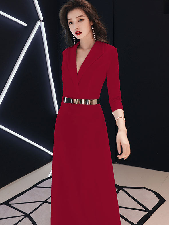 Wrap Front Belt Maxi Evening Dress with 3/4 Sleeve