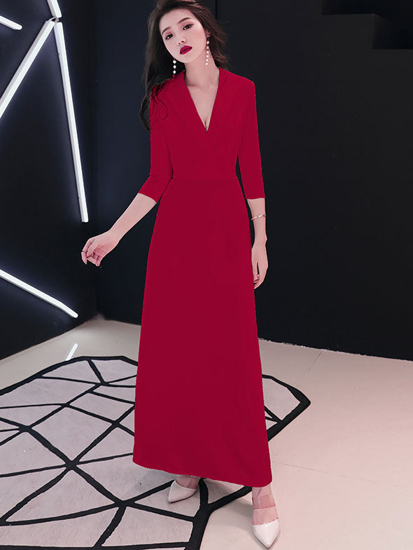 Wrap Front Belt Maxi Evening Dress with 3/4 Sleeve