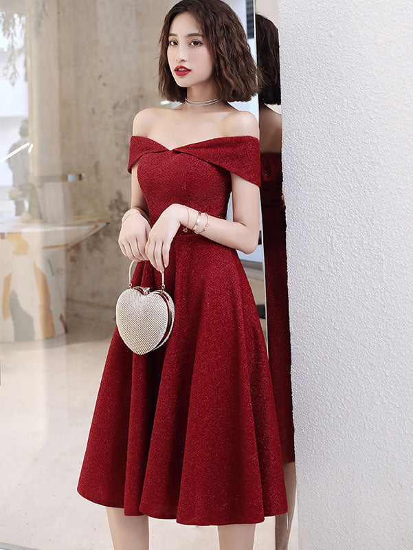 Wine Red A Line Off Shoulder Maxi Midi Evening Dress