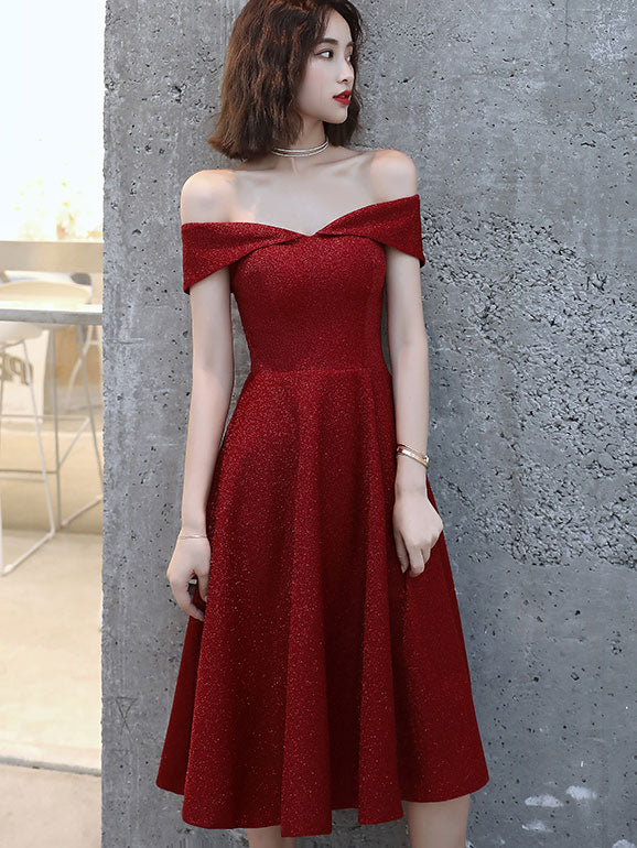 Wine Red A Line Off Shoulder Maxi Midi Evening Dress