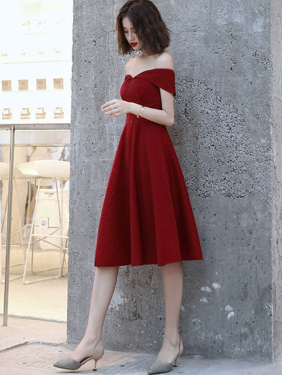 Wine Red A Line Off Shoulder Maxi Midi Evening Dress