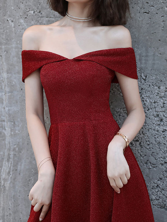 Wine Red A Line Off Shoulder Maxi Midi Evening Dress