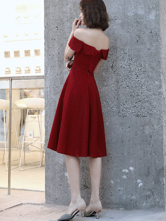 Wine Red A Line Off Shoulder Maxi Midi Evening Dress
