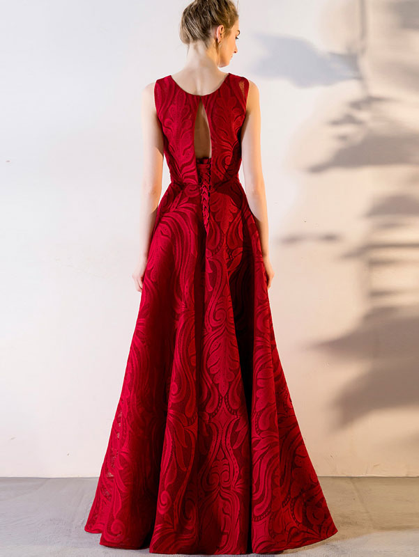Wine Red Bandeau Maxi A- Line Evening Dress with Cape