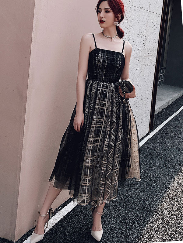 Black Plaid Strap A-Line Tea Length Evening Dress