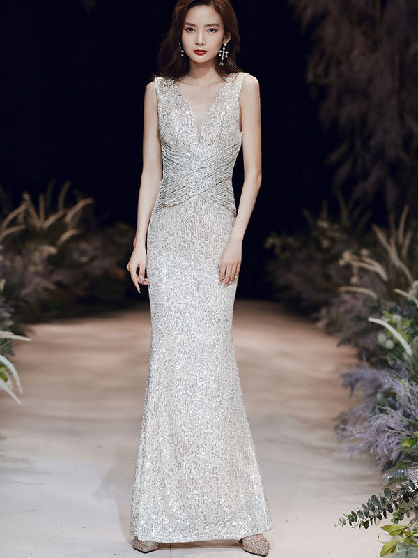Sequins Plunge Fishtail Maxi Evening Dress