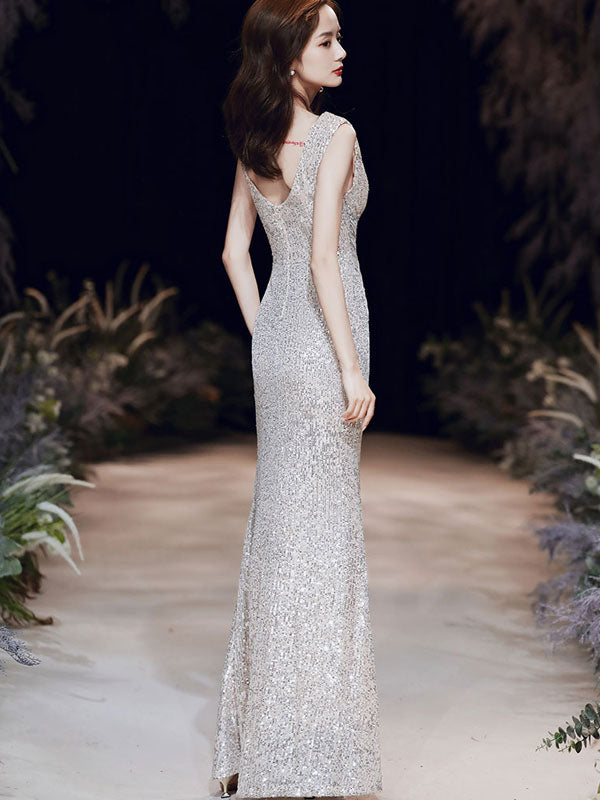 Sequins Plunge Fishtail Maxi Evening Dress