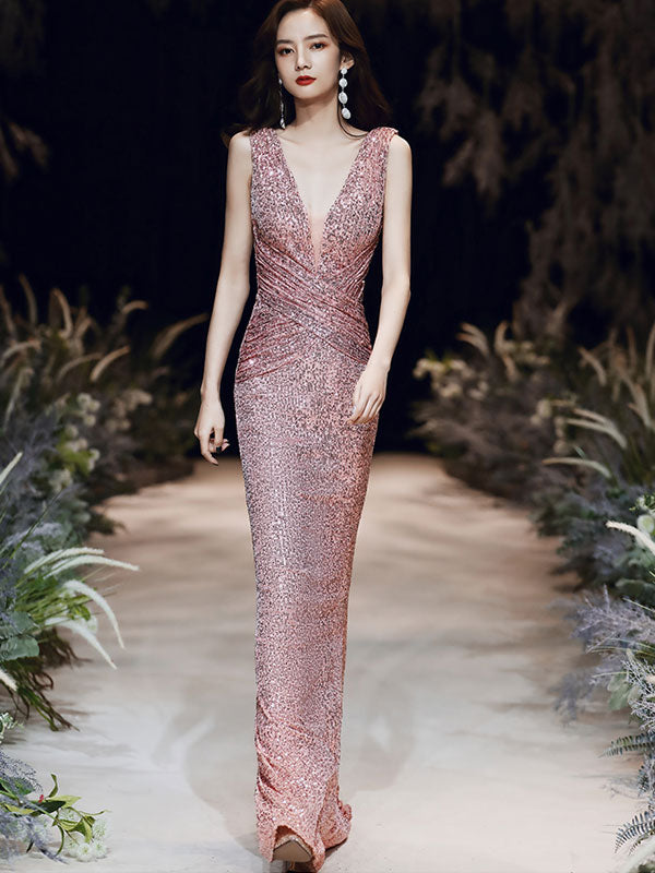 Sequins Plunge Fishtail Maxi Evening Dress