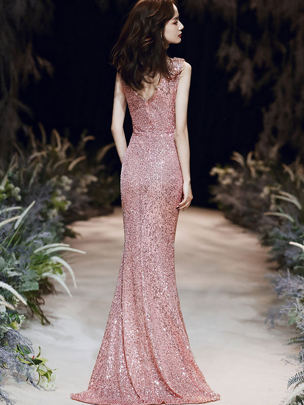 Sequins Plunge Fishtail Maxi Evening Dress