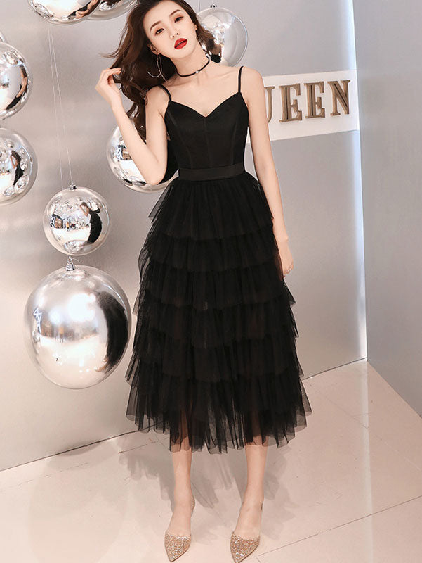 Black Belt Tiered Tulle Tea-Length Slip Party Dress