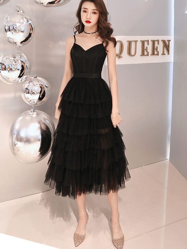 Black Belt Tiered Tulle Tea-Length Slip Party Dress