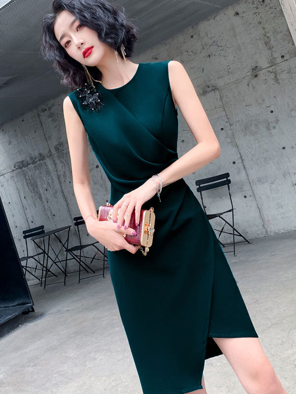 Round Neck Midi Party Dress with Ruched Details