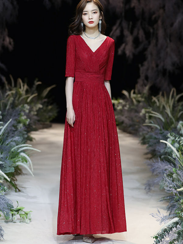 Shimmer A-Line Maxi Wrap Evening Dress with Half Sleeve