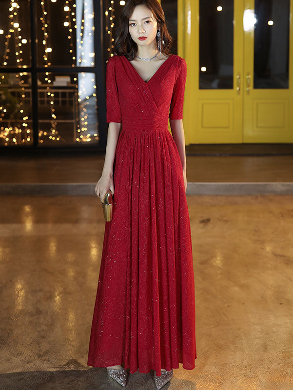 Shimmer A-Line Maxi Wrap Evening Dress with Half Sleeve