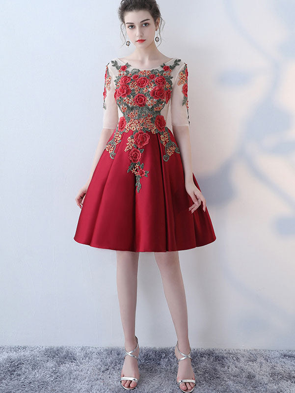 Fit & Flare Short Party Dress with Applique Embroidery