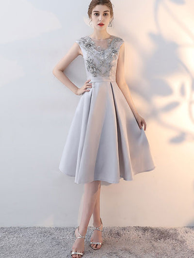 Gray Blue Fit & Flare  Party Dress with Applique Embroidery