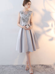 Gray Blue Fit & Flare  Party Dress with Applique Embroidery
