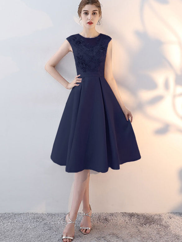 Gray Blue Fit & Flare  Party Dress with Applique Embroidery