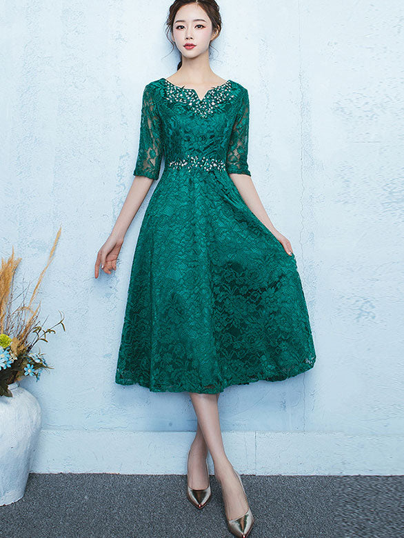 Green Lace Fit & Flare Tea-Length Party Dress