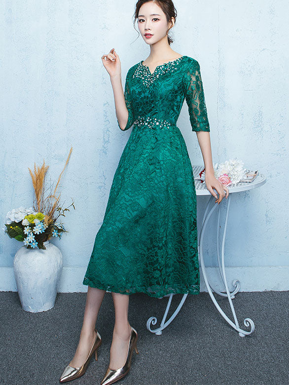 Green Lace Fit & Flare Tea-Length Party Dress
