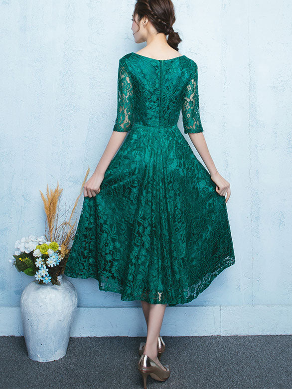 Green Lace Fit & Flare Tea-Length Party Dress