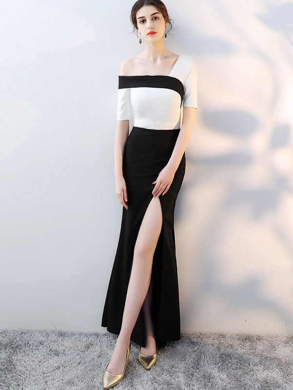 Colorblock Cold Shoulder Thigh Split Maxi Evening Dress