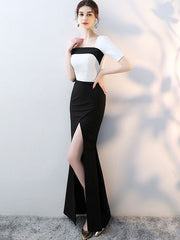 Colorblock Cold Shoulder Thigh Split Maxi Evening Dress
