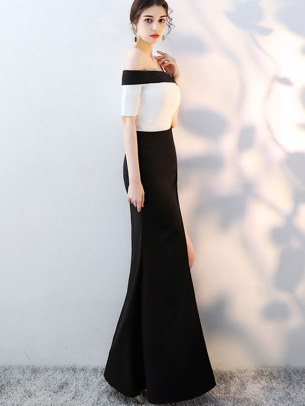 Colorblock Cold Shoulder Thigh Split Maxi Evening Dress