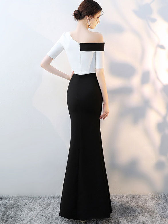 Colorblock Cold Shoulder Thigh Split Maxi Evening Dress