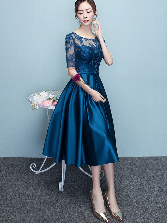 Royal Blue Fit & Flare Tea-Length Illusion Party Dress