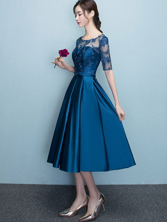 Royal Blue Fit & Flare Tea-Length Illusion Party Dress