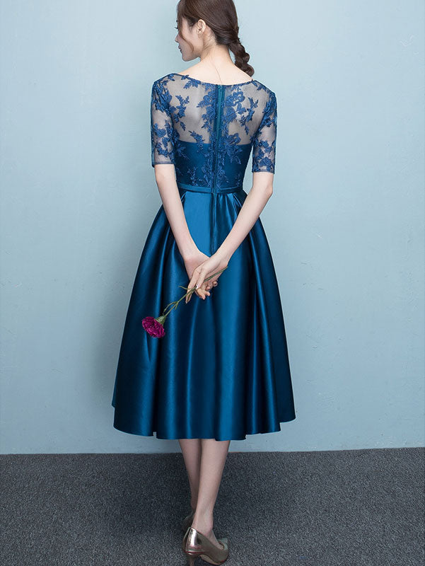 Royal Blue Fit & Flare Tea-Length Illusion Party Dress