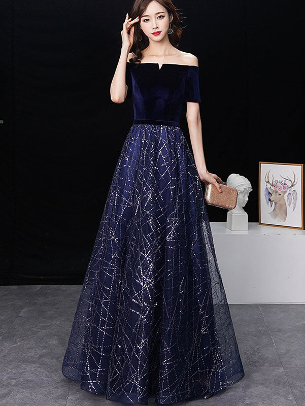 Blue A-Line Off Shoulder Maxi Evening Formal Dress