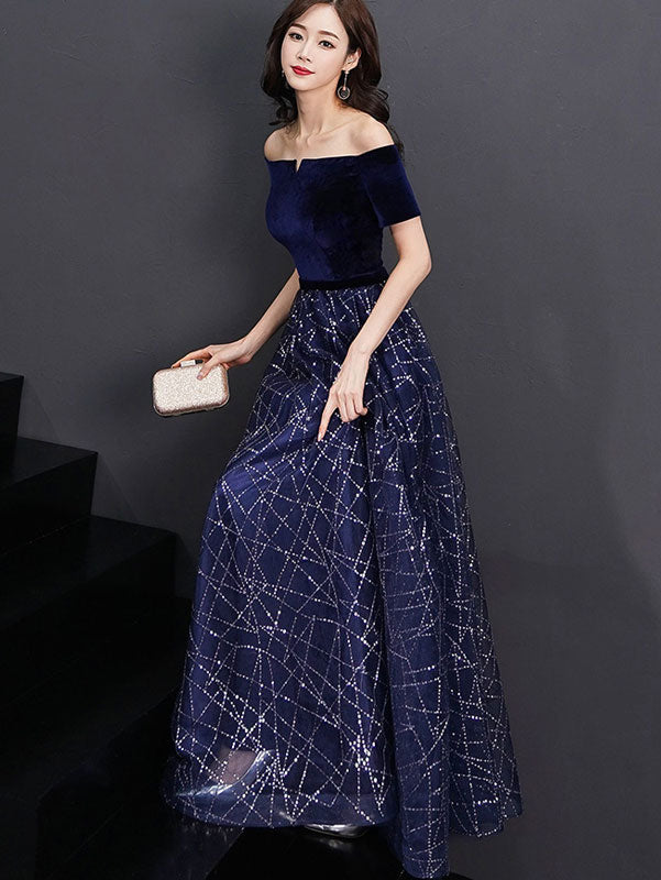 Blue A-Line Off Shoulder Maxi Evening Formal Dress