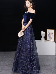 Blue A-Line Off Shoulder Maxi Evening Formal Dress