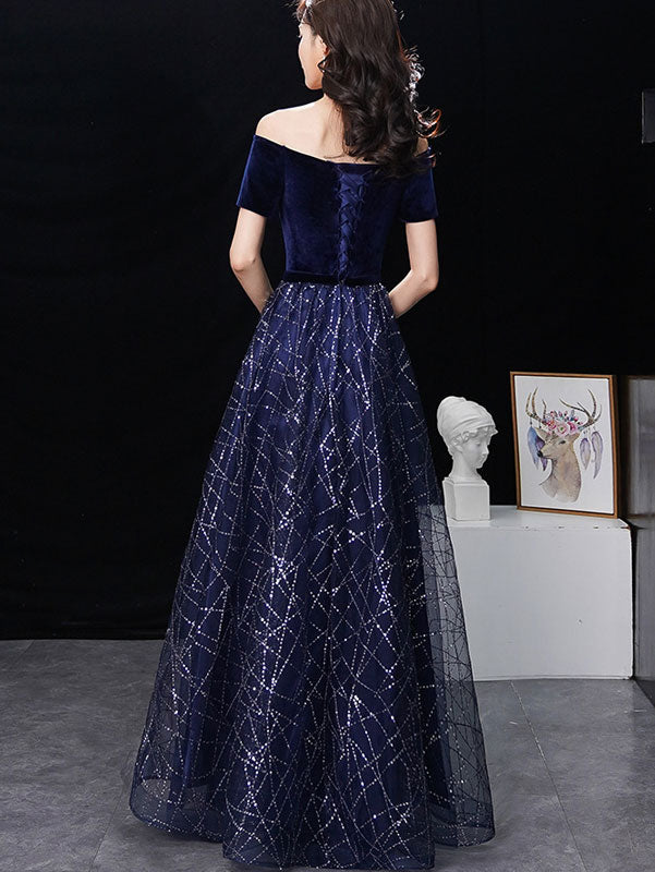 Blue A-Line Off Shoulder Maxi Evening Formal Dress