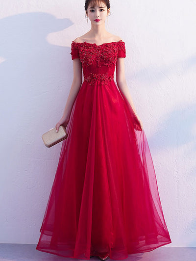 Wine Red Off Shoulder Full-Length Tulle Wedding Dress
