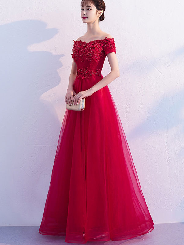 Wine Red Off Shoulder Full-Length Tulle Wedding Dress