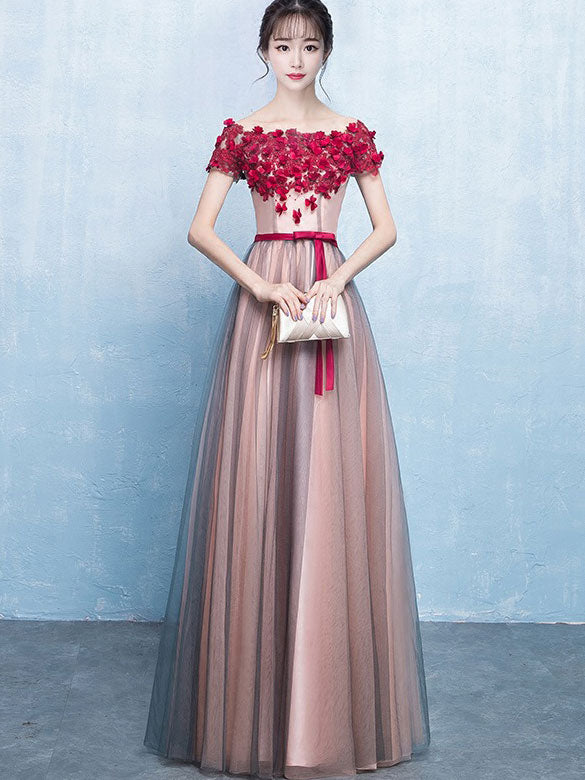 Applique Tulle Belt Maxi Evening Formal Dress