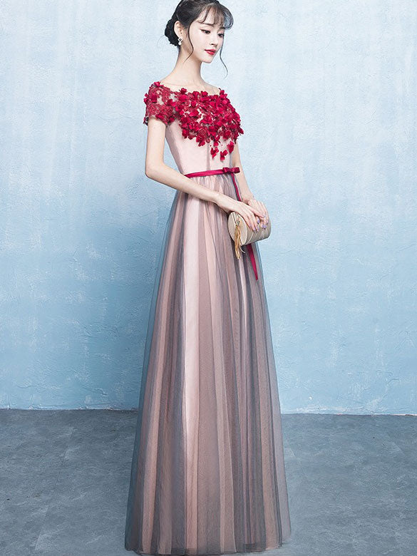 Applique Tulle Belt Maxi Evening Formal Dress