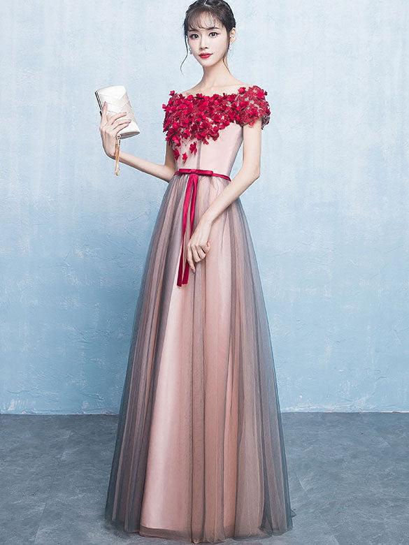 Applique Tulle Belt Maxi Evening Formal Dress